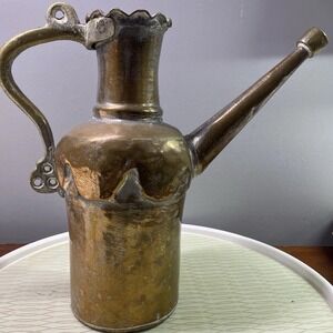 Antique Turkish Copper Water Can Pitcher Ewer Rustic Scroll Design Handmade‎ 13"
